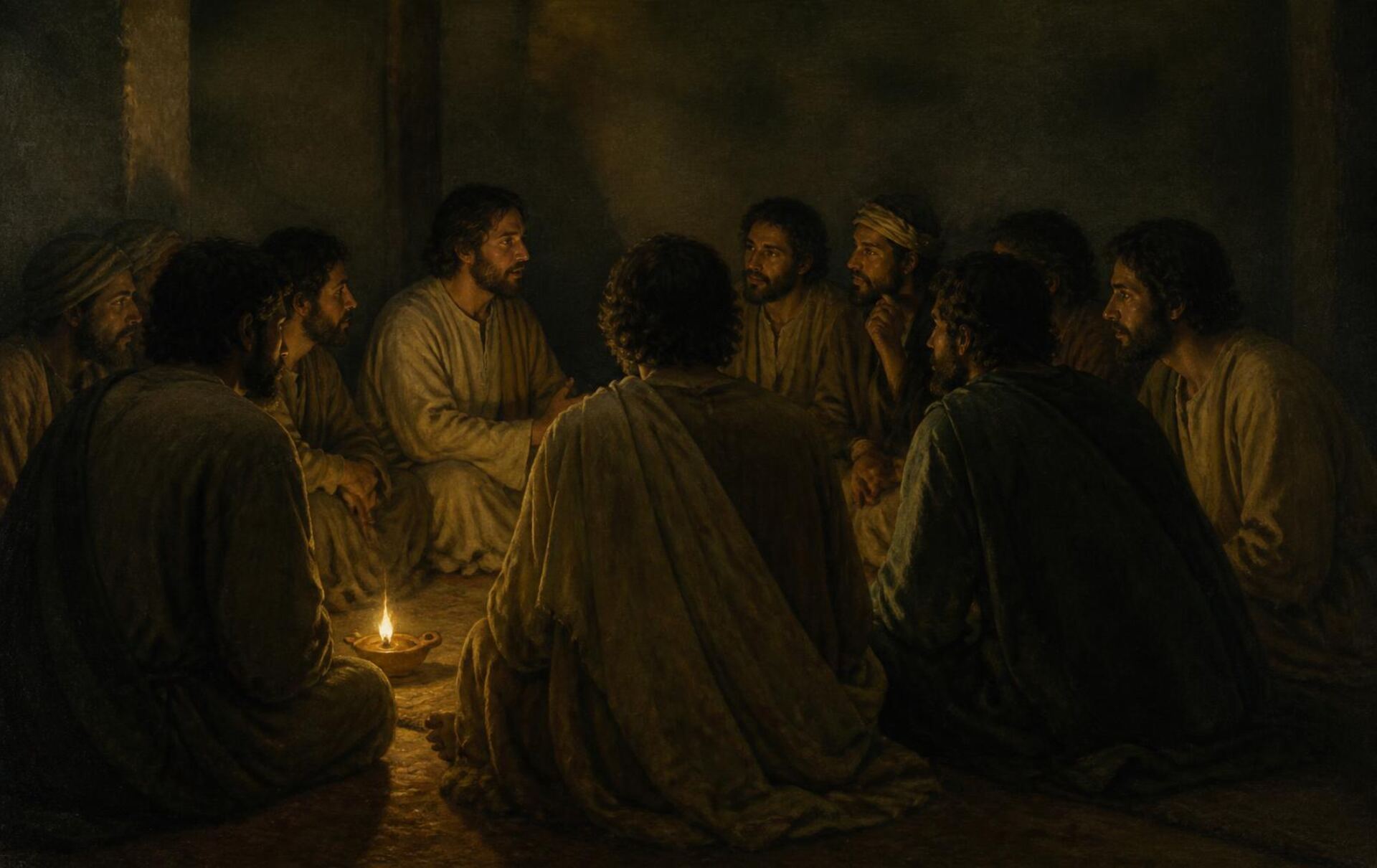 Oil painting of a circle of men sitting together around a single oil lamp