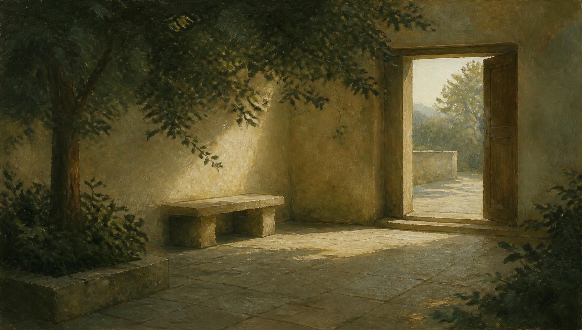 Oil painting of a quiet stone courtyard at dawn with an open door leading into the morning light