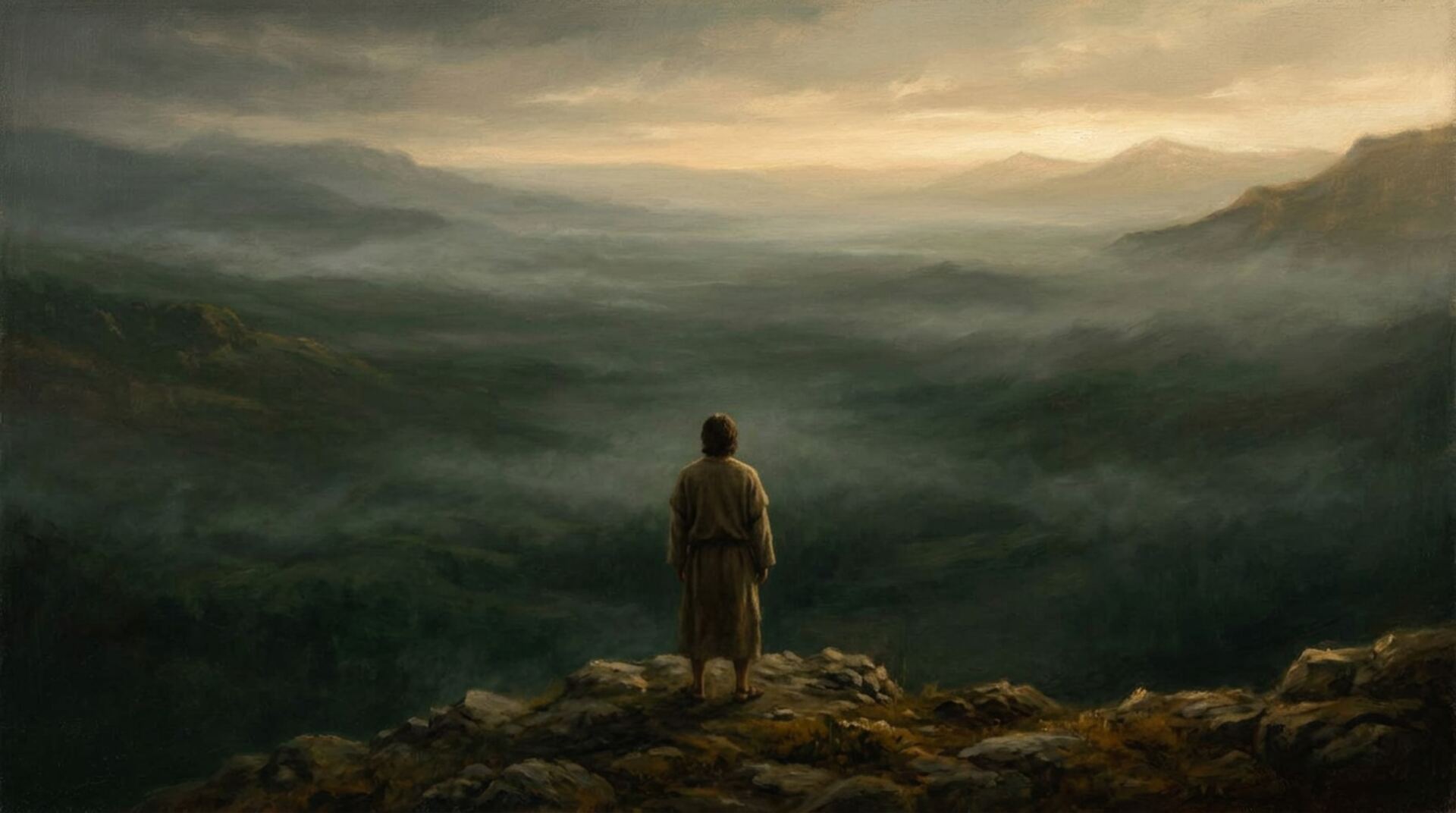 Oil painting of a lone man standing on a rocky hill at first light, looking over a misty valley