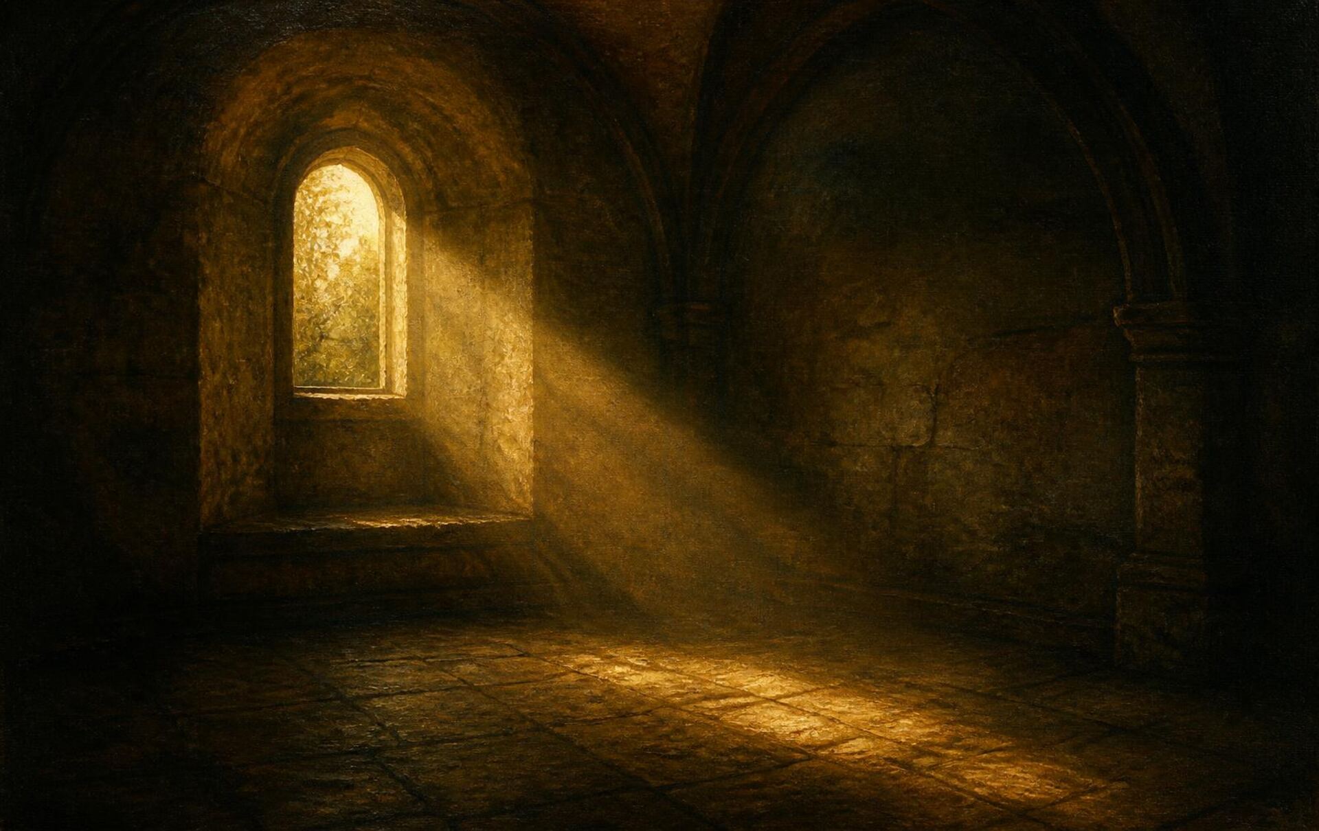 Oil painting of dawn light falling through an arched window into a dark stone chamber